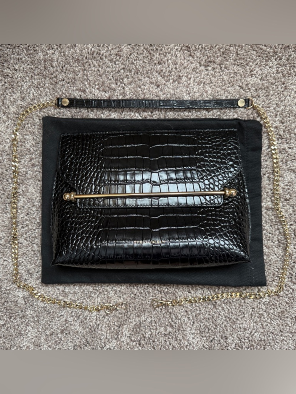 Black Croc-Embossed Leather Stylist Clutch with Chain